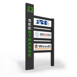 Freistehende Firmen-Schildanlage aus Aluminium mit Infostele Freistehende Firmen-Schildanlage aus Aluminium mit Infostele