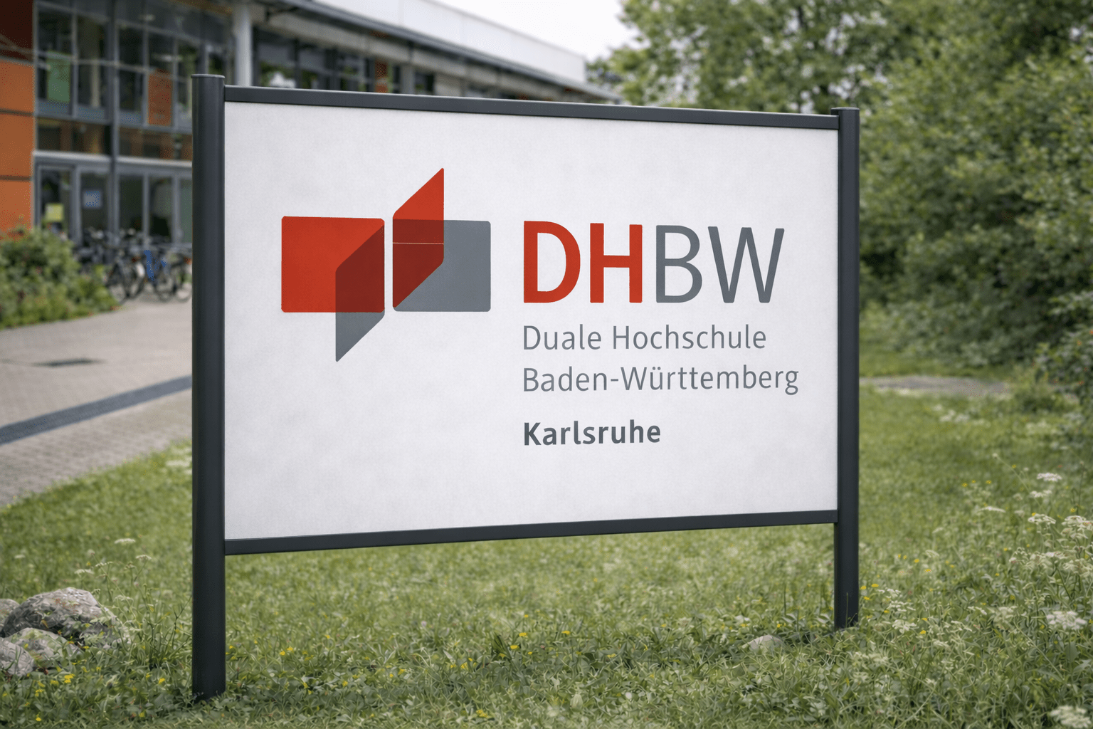 Eingangsschild für die Hochschule Baden-Würtemberg in CI-Farbe pulverbeschichtet