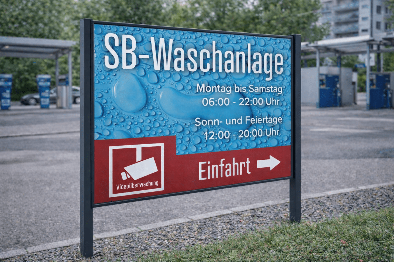 Firmenschild an der Einfahrt mit Öffnungszeiten | Pulverbeschichtet in Anthrazit und mit Schutz gegen Ausbleichen