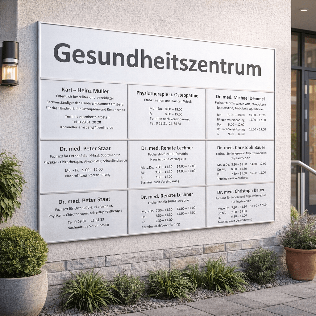 Wandrahmen-System für die Beschilderung von Gebäuden | Hier: Ärztezentrum