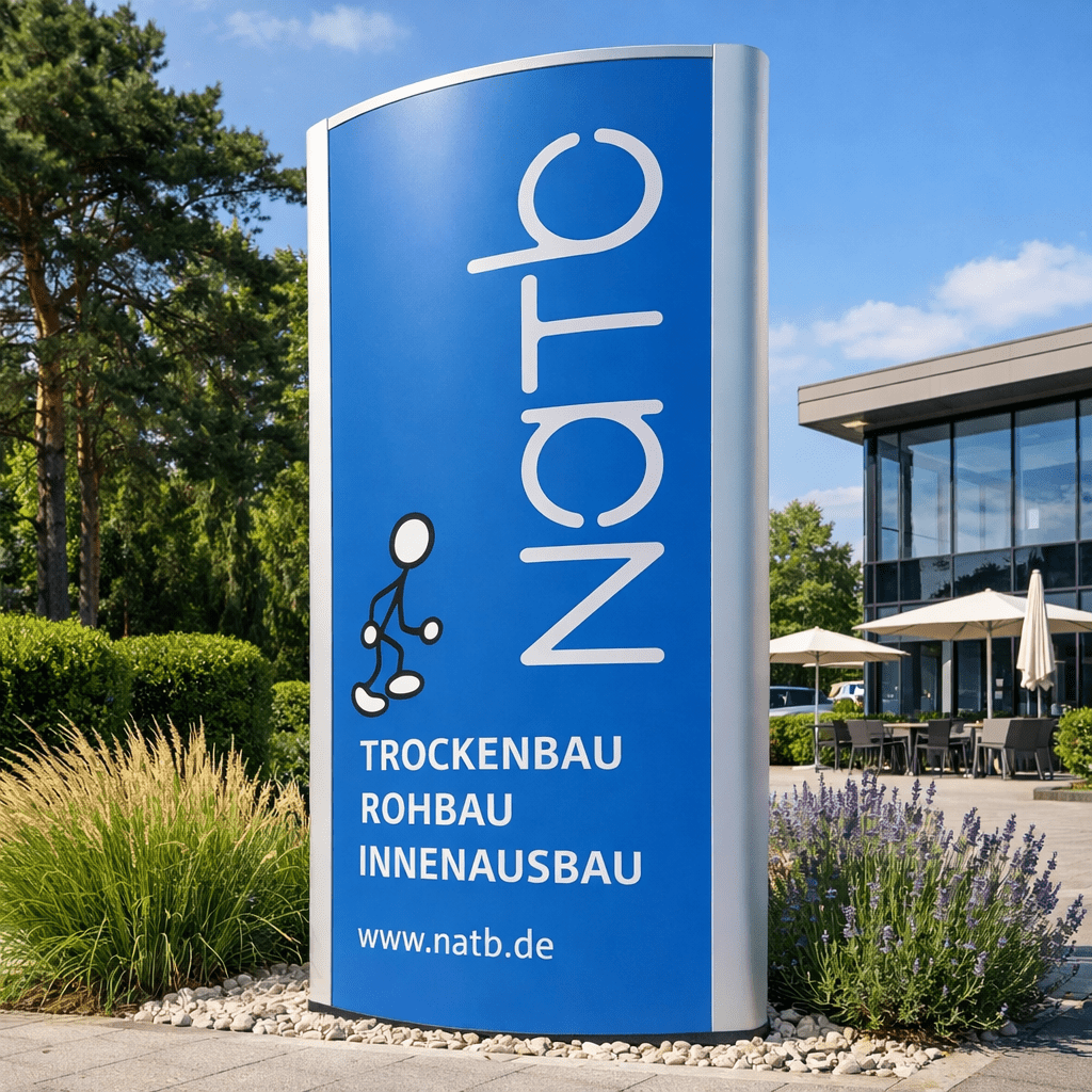 Beleuchteter Werbepylon aus Aluminium | Einbetoniert in Kiesbett