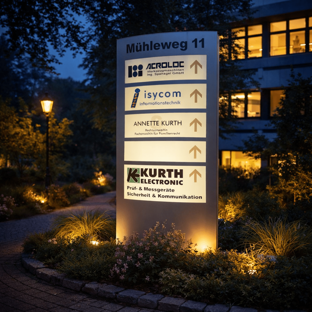 Mehrfirmen-Werbepylon mit dekupierten, beleuchteten Mieterschildern aus Acrylglas