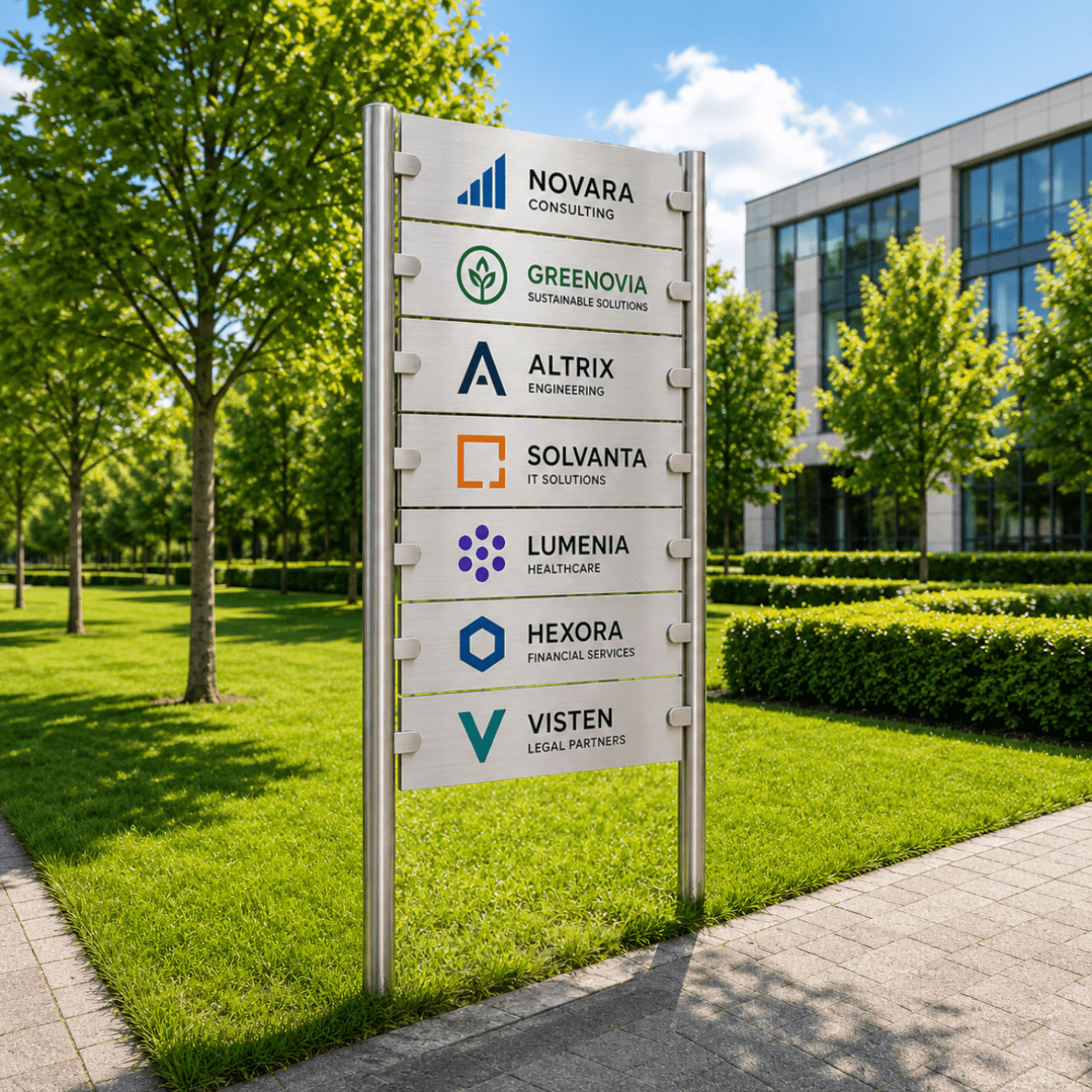 Firmenschild-Schildanlage auf einer Grünfläche vor einem Bürogebäude
