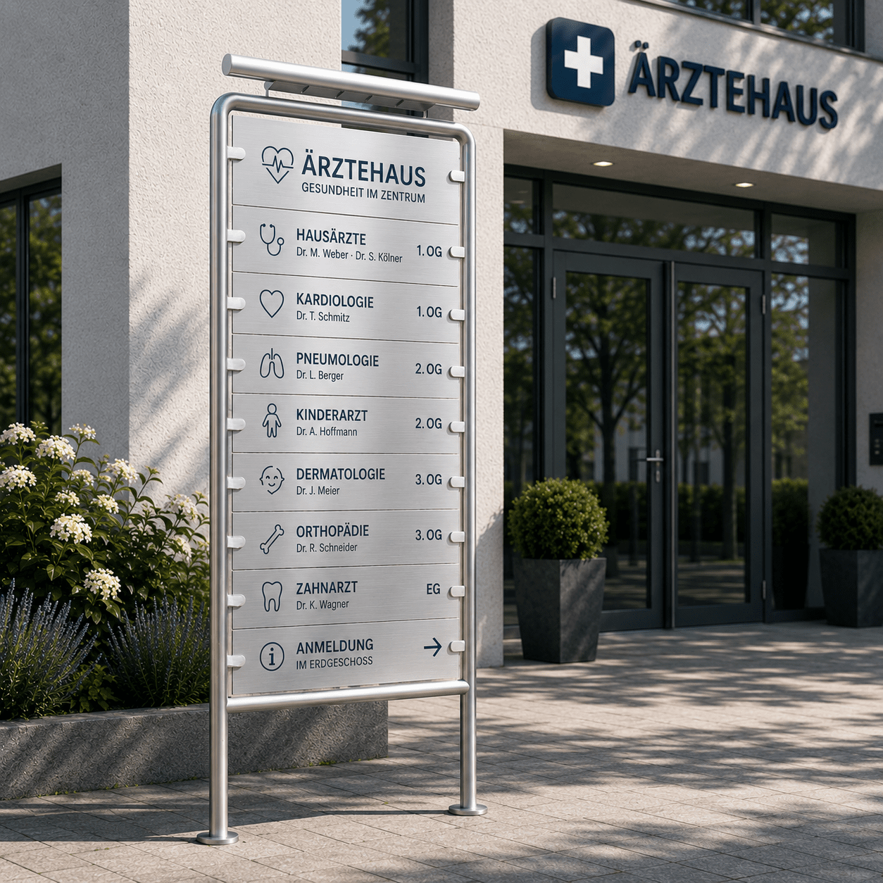 Schilderanlage im Außenbereich als Ärtzehaus-Wegweiser