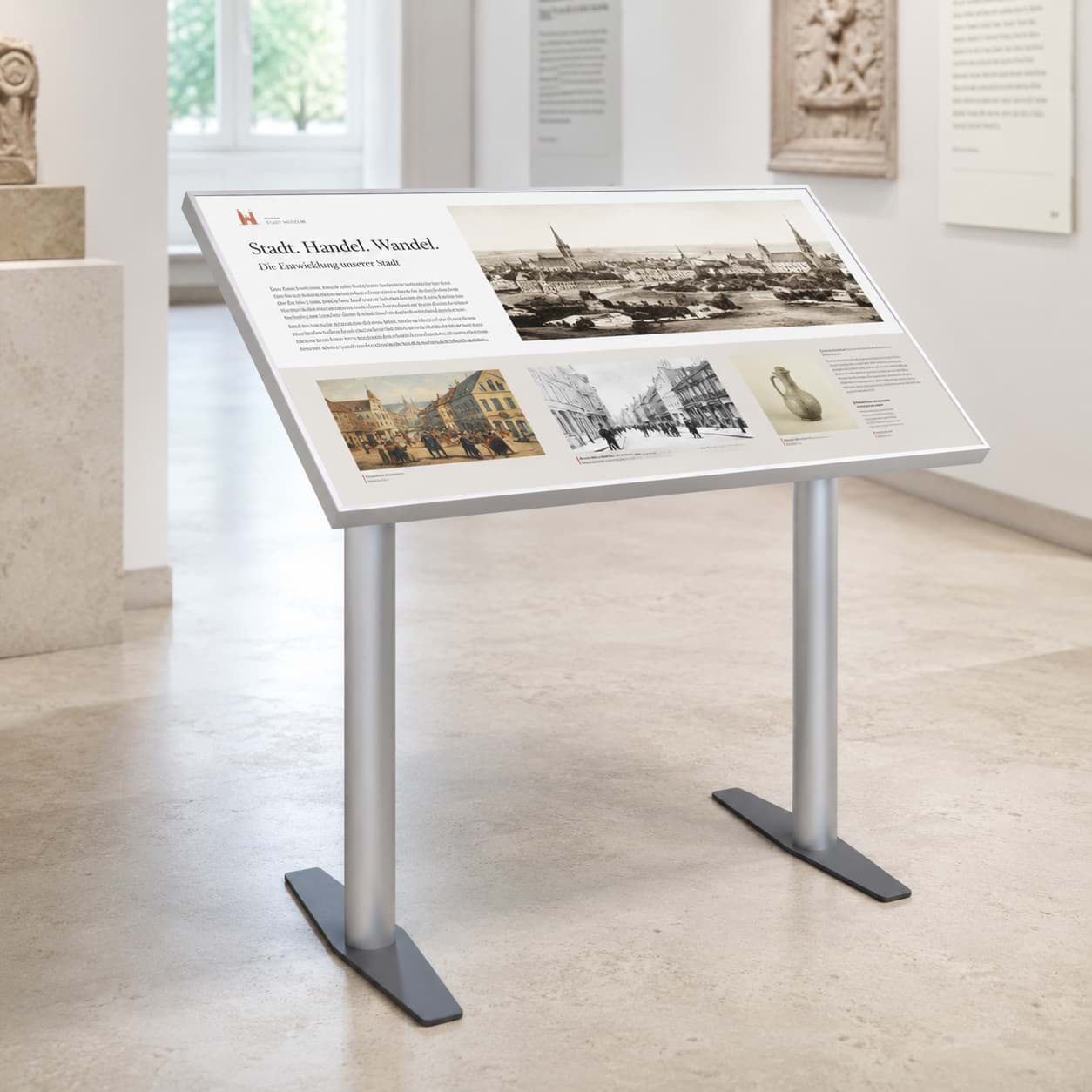 Panorama-Schaufafel für den Innenbereich: Hier Beschilderung einer Ausstellung im Stadt-Museum
