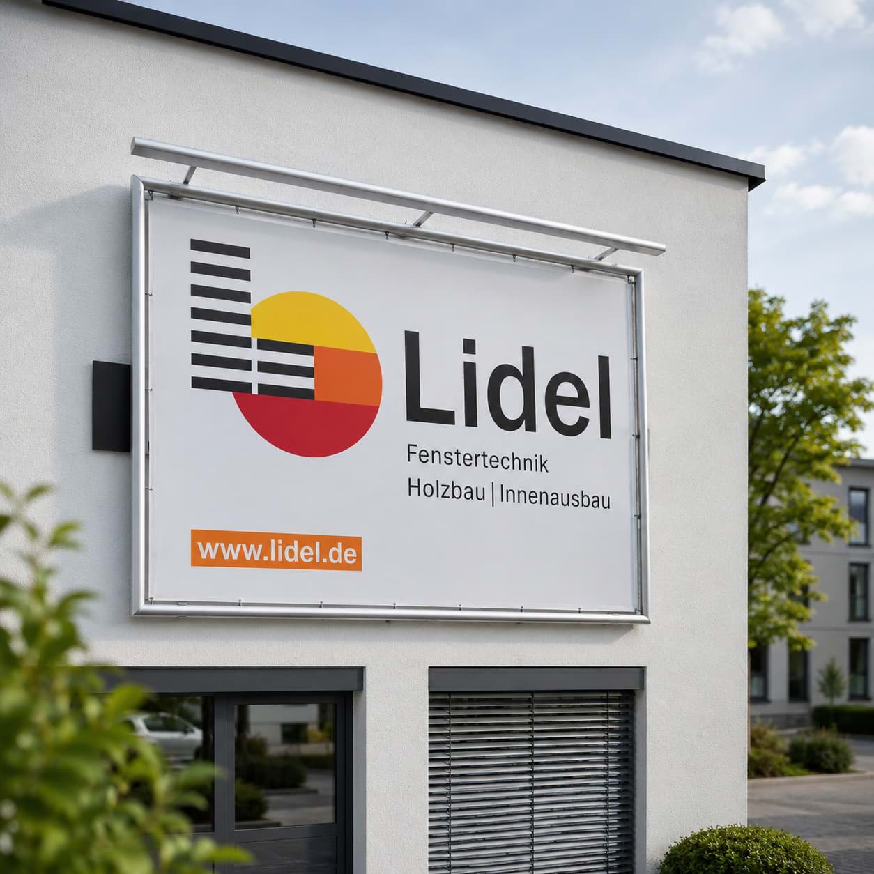 Bannerrahmen-Stecksystem aus Alu-Rundrohr an Fassade mit Lichtohr