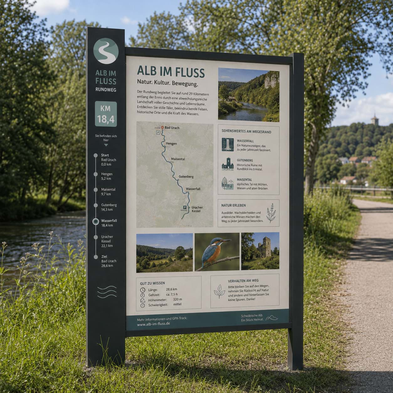 Radgweg-Infotafel mit Strecken-Fortschrittsanzeige