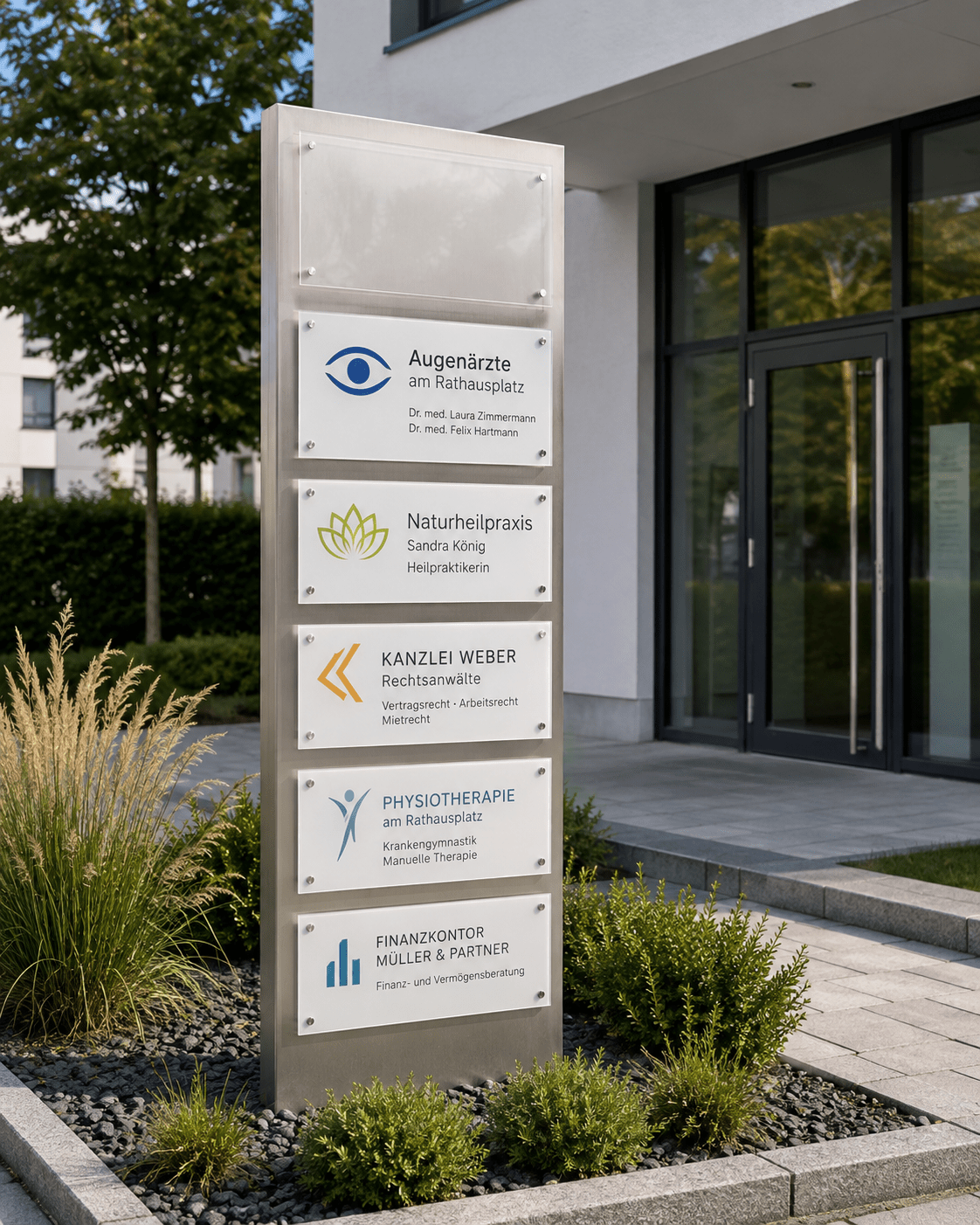 Werbepylon für medizinisches Versorgungszentrum mit austauschbaren Acrylglasscheiben