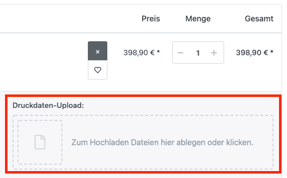 Screenshot: Druckdaten-Upload für Firmenschilder im Warenkorb